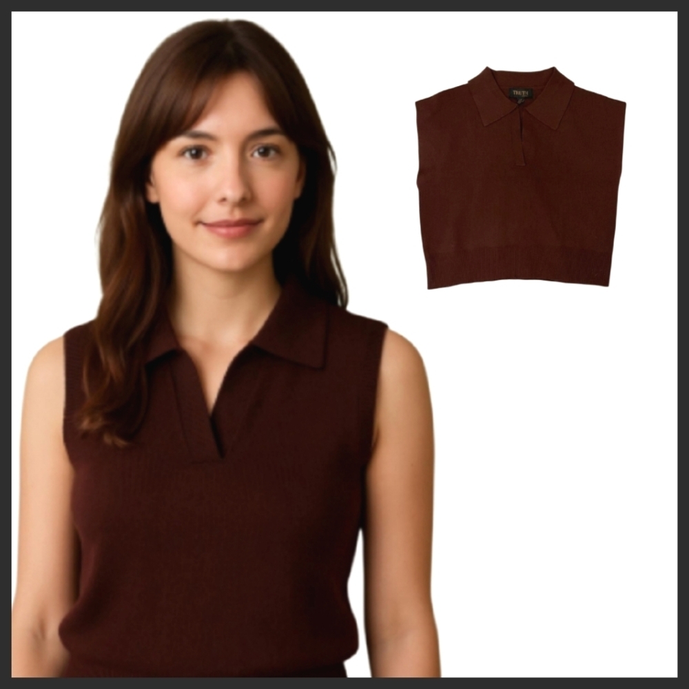 NEW! TRUTH BY REPUBLIC Dark Brown Sleeveless Collared Sweater Knit Top Small.